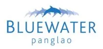 Logo for Bluewater Panglao, featuring the name "BLUEWATER" in blue capital letters with "panglao" below in smaller letters. Above the text are five dolphin silhouettes transitioning from light blue to dark blue, perfectly embodying the essence of Bluewater Panglao.