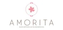 Amorita logo with a pink flower inside a circle at the top, followed by the word "AMORITA RESORT" in uppercase letters, and "Kuchnia," "Pracownia Słowa," and "Rozwój" in smaller text below.