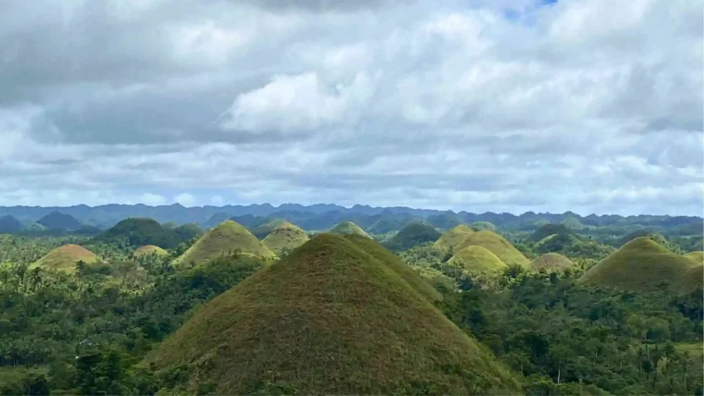 Countryside Tour - A scenic view of the Chocolate Hills, characterized by numerous green, grassy hills under a partly cloudy sky. The mounds rise uniformly from a dense, lush forest, creating a captivating, undulating landscape stretching to the horizon.