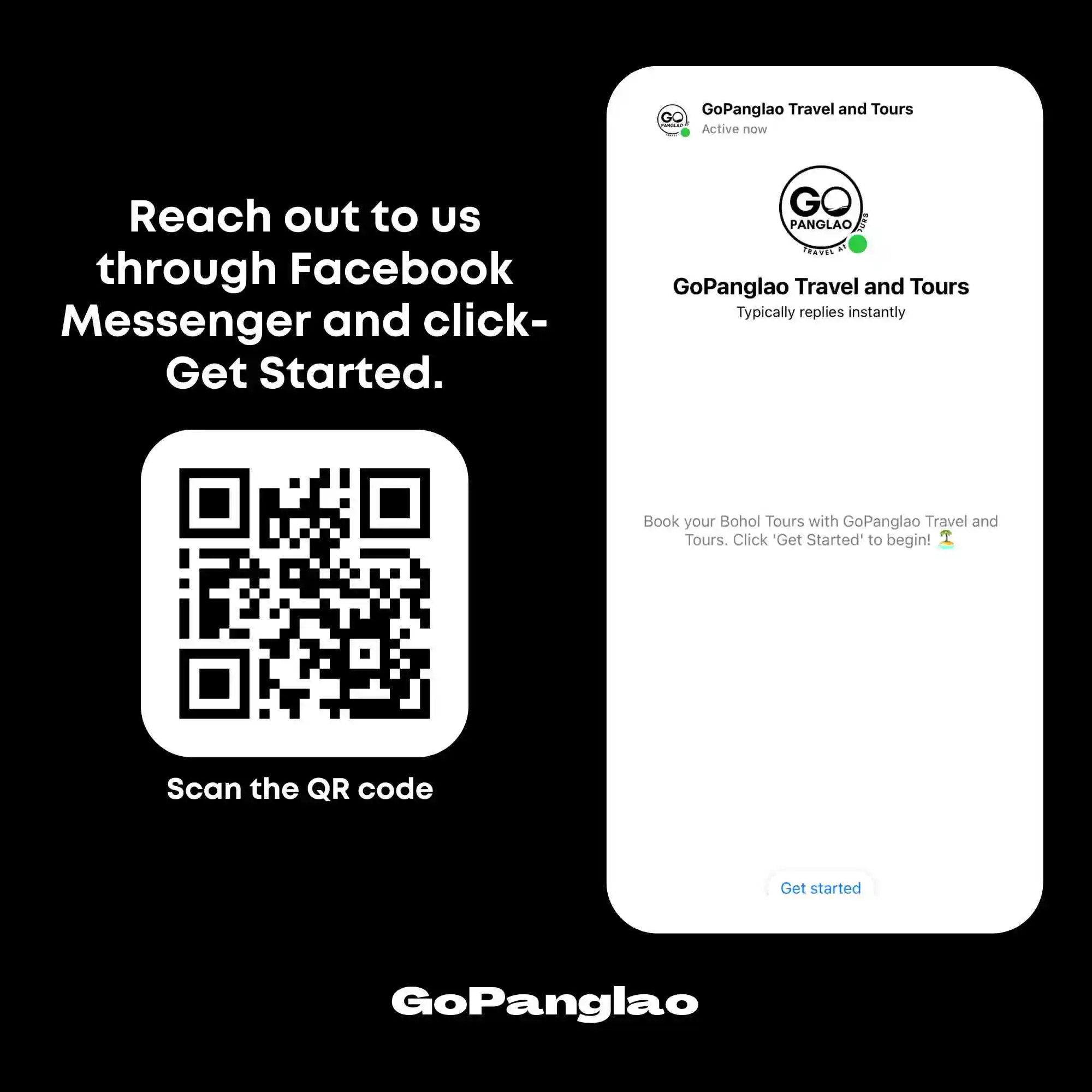 Bohol Packages - Promotional image for GoPanglao Travel and Tours Bohol. It instructs users to reach out through Facebook Messenger by scanning a QR code. The Messenger interface shows text that reads "Get started," along with the GoPanglao logo and guidance text.