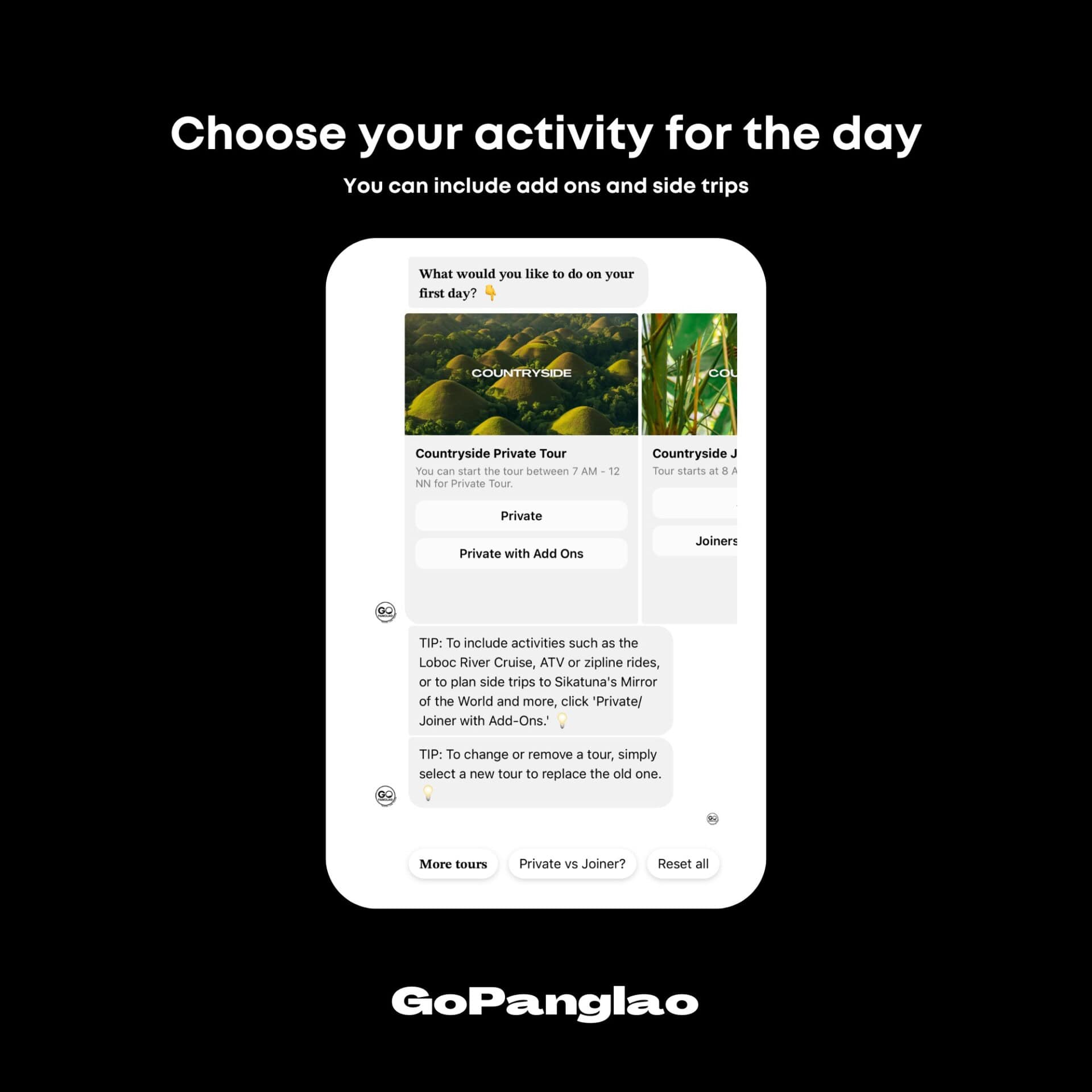 A mobile phone screen displays an app interface with the title "Choose your activity for the day." Options include private or joiner tours for a countryside trip, with add-ons suggested at the bottom. The app is branded "GoPanglao.