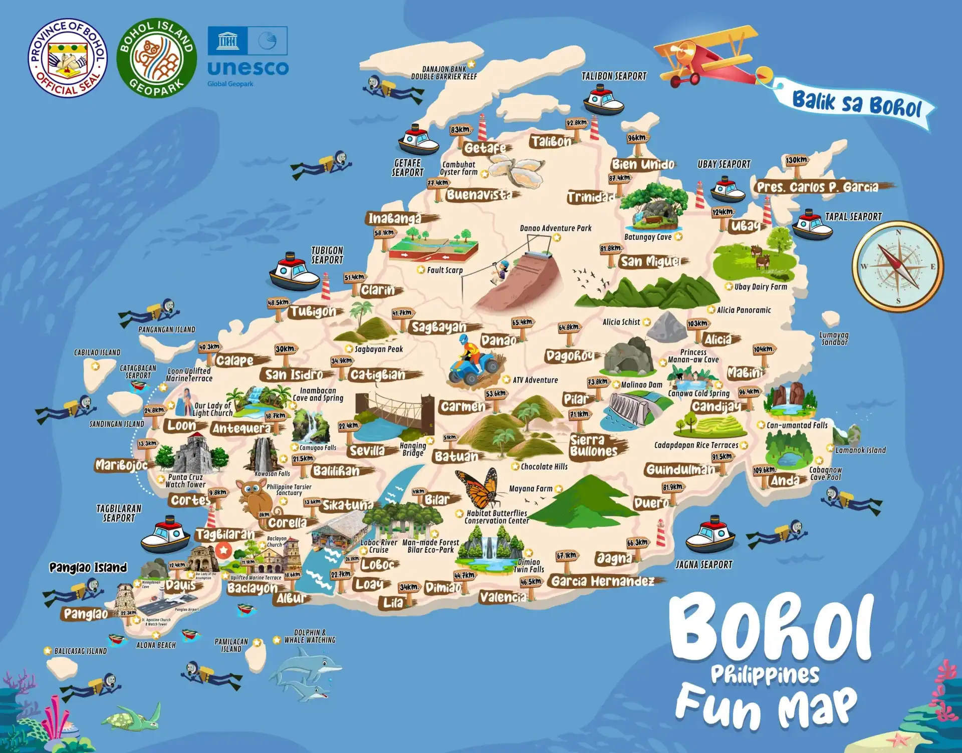 Illustrated fun map of Bohol Island Philippines showing tourist attractions, towns, and island highlights