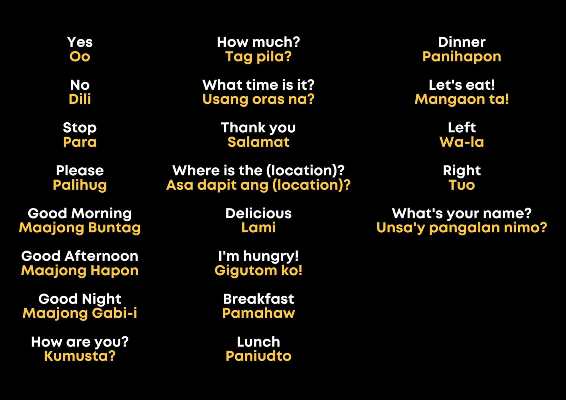 Cebuano to English and Filipino translation phrases for travelers in Bohol Philippines