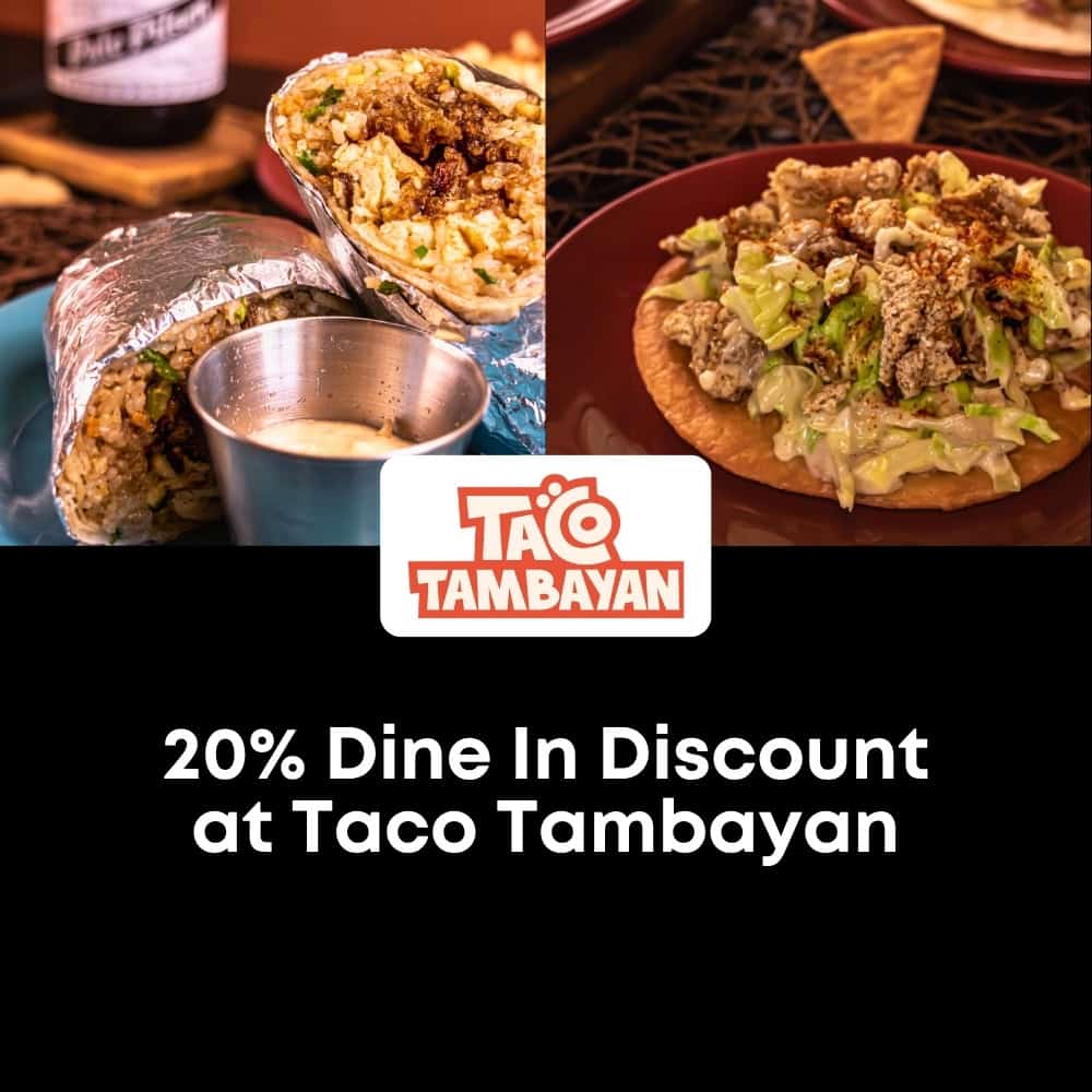 Taco Tambayan promotional banner featuring burritos, tacos, and Mexican-inspired dishes with a 20% dine-in discount for GoPanglao Travel Rewards members in Panglao, Bohol.