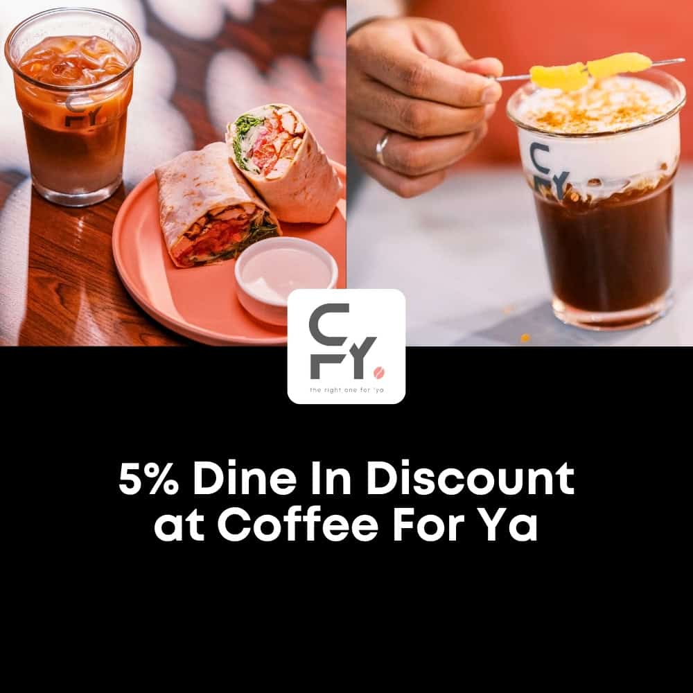 Coffee For Ya promotional banner featuring iced coffee, wraps, and a creamy iced drink with a 5% dine-in discount for GoPanglao Travel Rewards members in Panglao, Bohol.