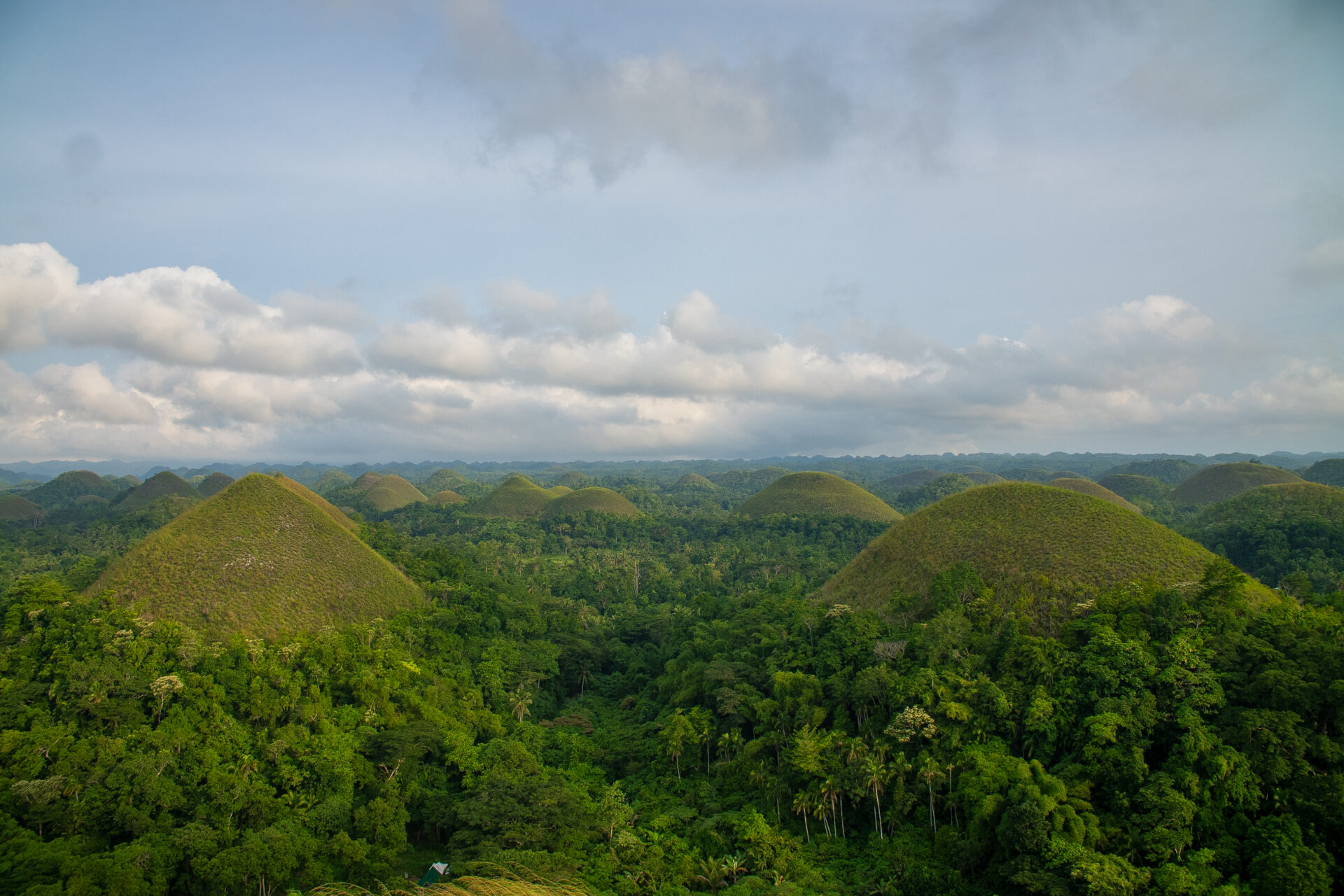 Panoramic view of the Chocolate Hills in Bohol Island Geopark, featuring the iconic limestone cone-shaped hills surrounded by lush tropical forest in the Philippines.