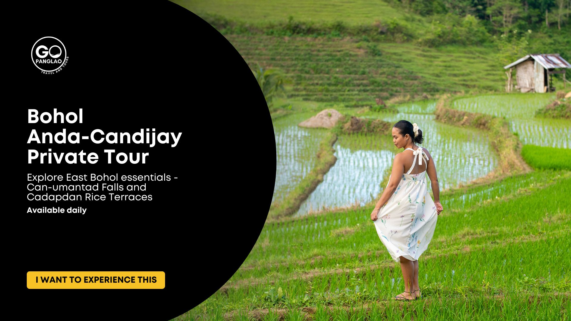 Traveler walking through green rice terraces during an Anda-Candijay private tour in Bohol