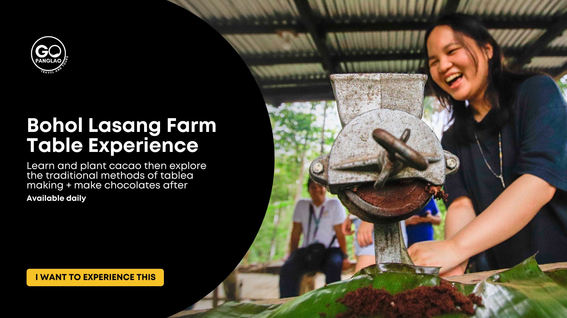 Visitor grinding cacao during a hands-on farm-to-table experience at Lasang Farm in Bohol