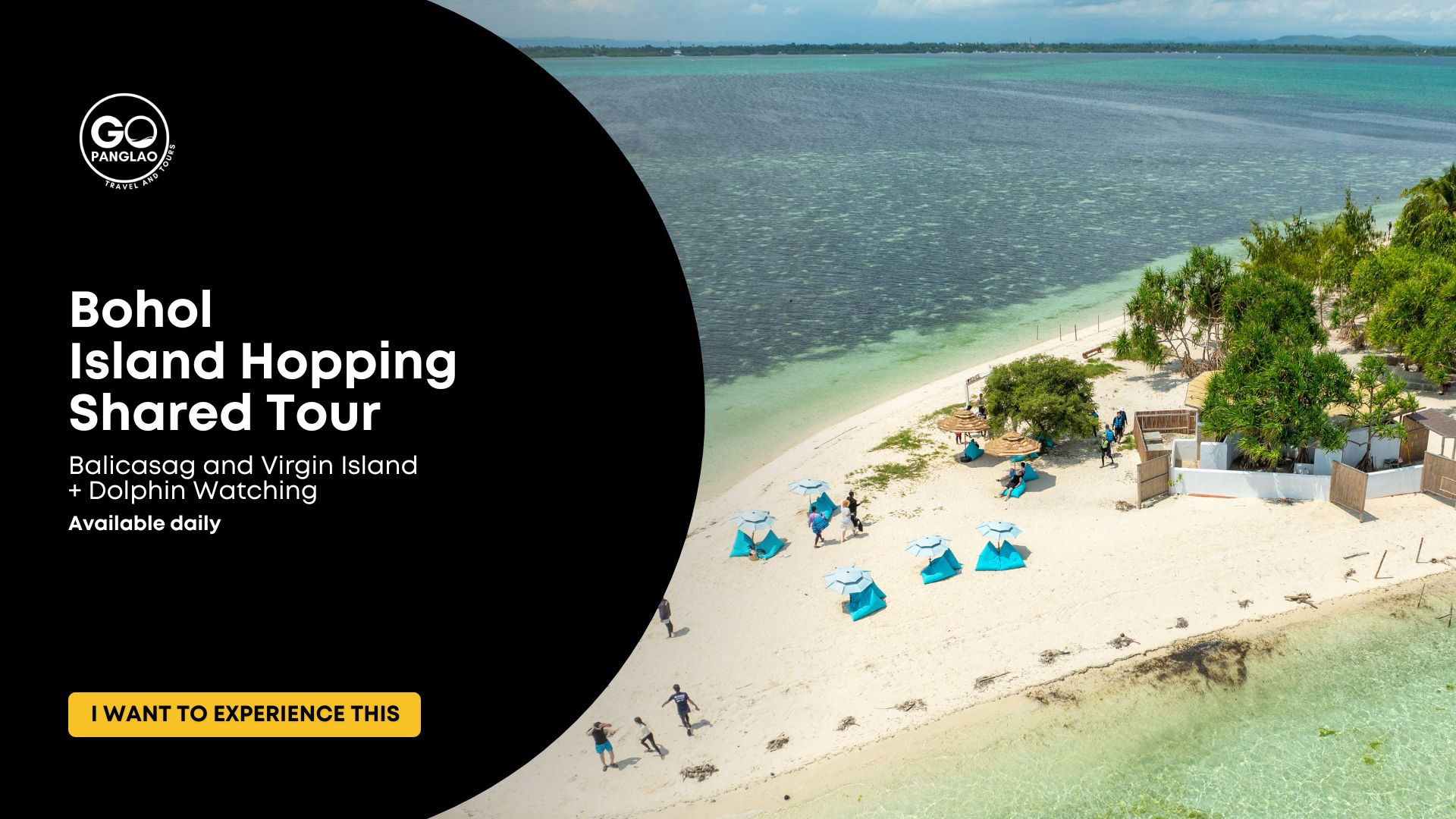 Aerial view of a white sand island for the Bohol Island Hopping Shared Tour