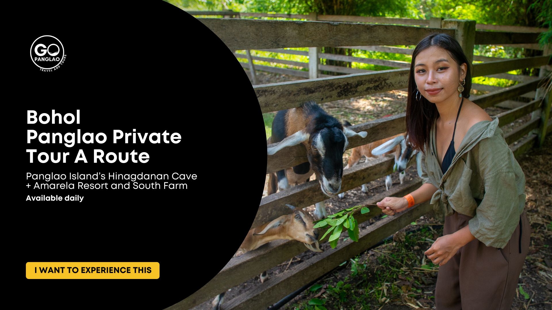 Traveler feeding goats during a Panglao private tour featuring Hinagdanan Cave, Amarela Resort, and South Farm