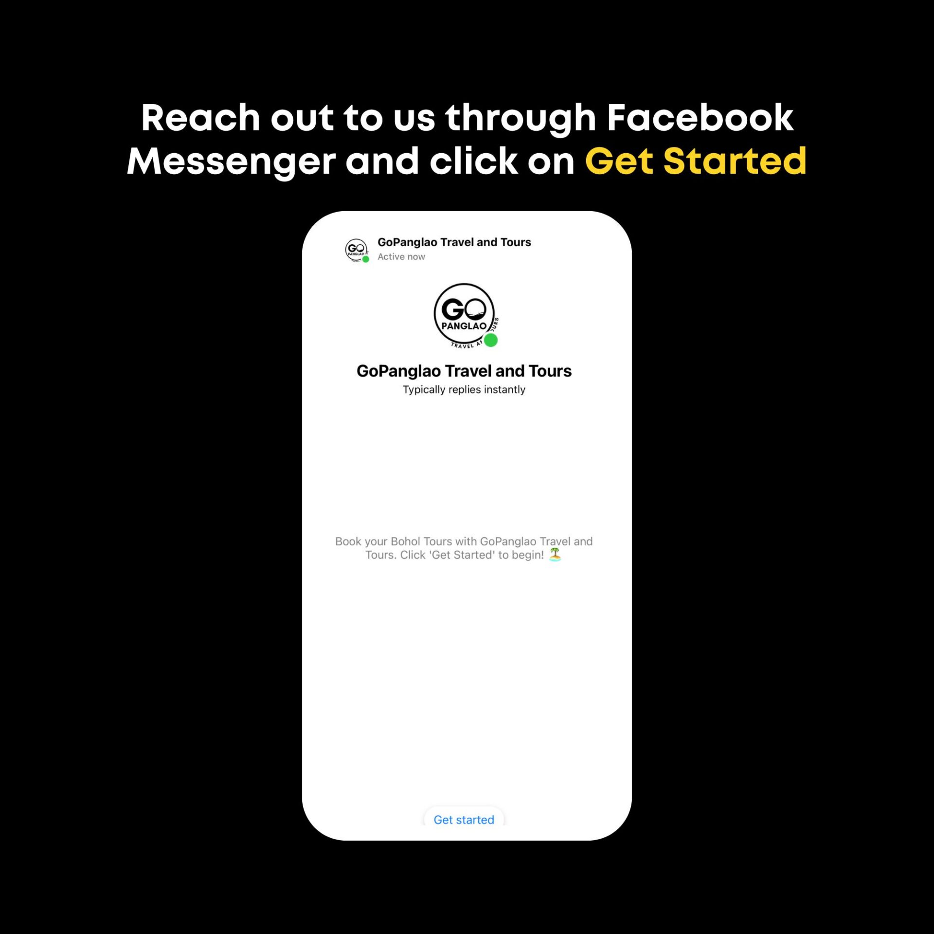GoPanglao Travel and Tours Facebook Messenger booking page with Get Started button for Bohol tours