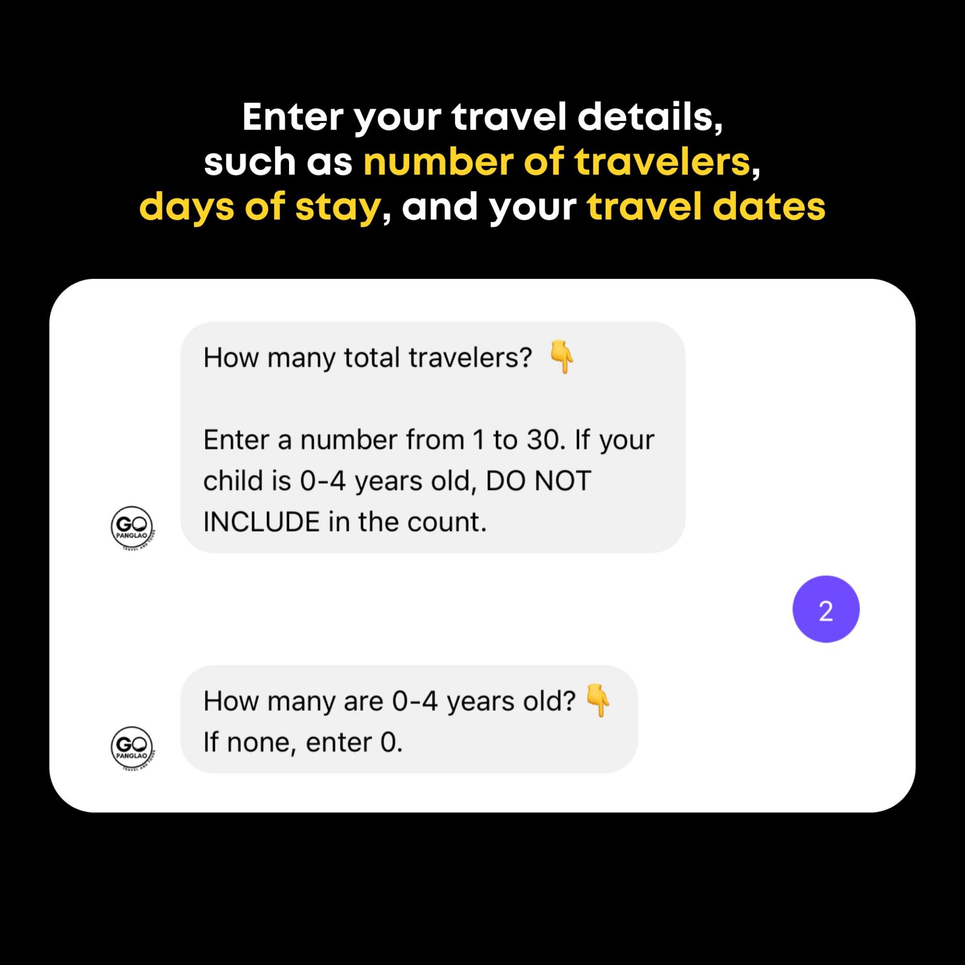 GoPanglao Messenger chatbot asking for number of travelers, length of stay, and Bohol travel dates