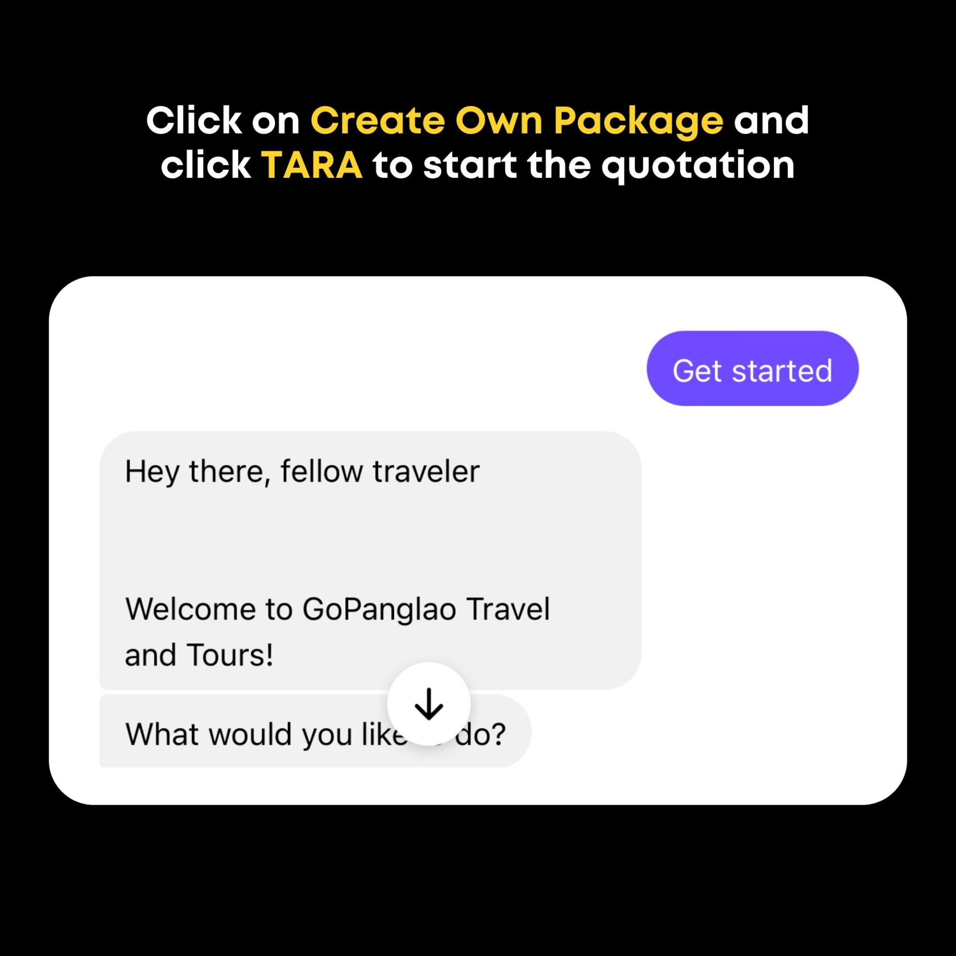 GoPanglao Travel and Tours Messenger chatbot showing Create Own Package and TARA quotation options