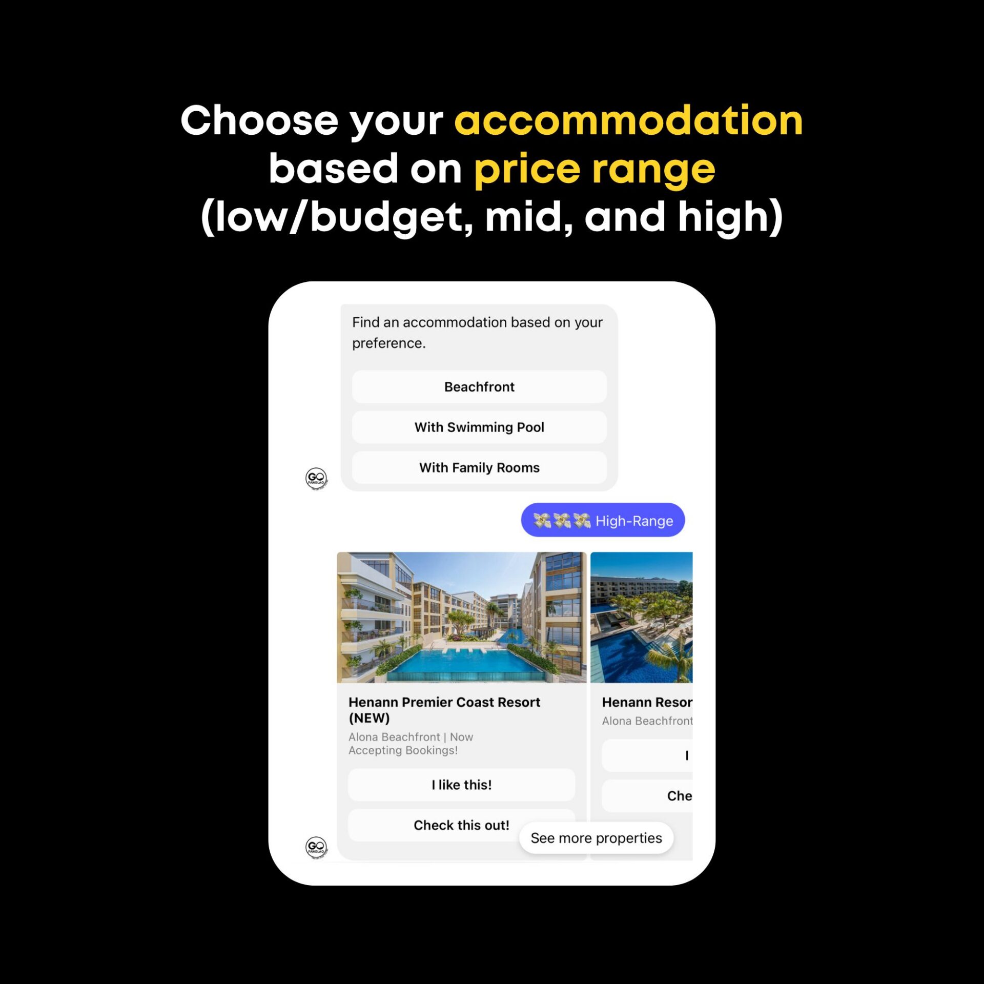 GoPanglao chatbot showing Bohol accommodation options by preference and price range