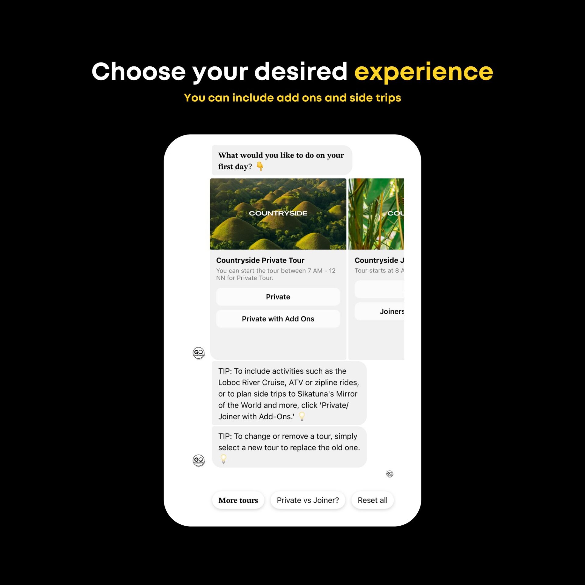 GoPanglao chatbot showing Bohol tour experiences including Countryside Tour and optional add-ons