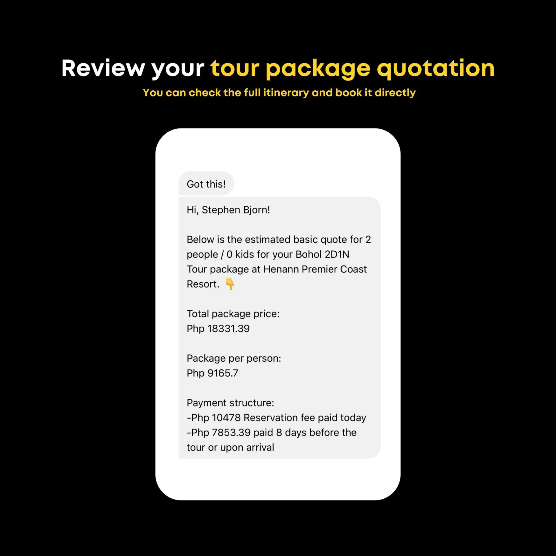 GoPanglao automated Bohol tour package quotation showing total price, per-person rate, and payment schedule